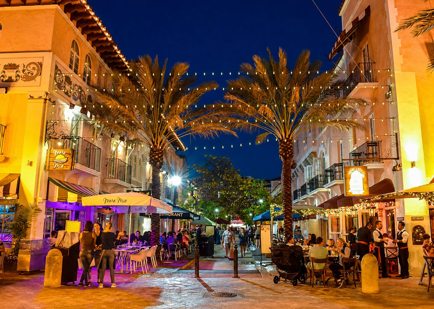 Bares y restaurantes de Española Way iluminados por la noche